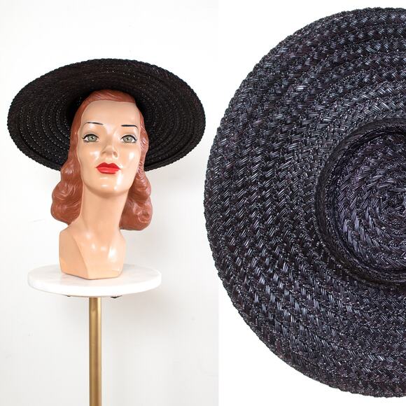 Vintage 1970s does 1950s Black Straw Wide Brim Summer Sun Hat (3 Available)